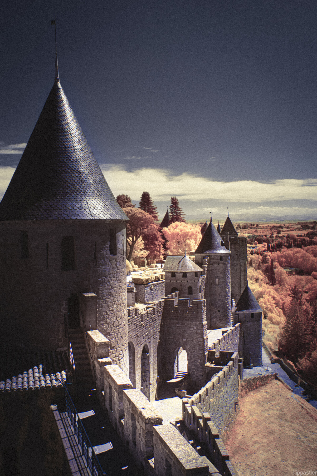 Medieval fortress towers and ramparts of Carcassonne in infrared, autumn-toned trees below